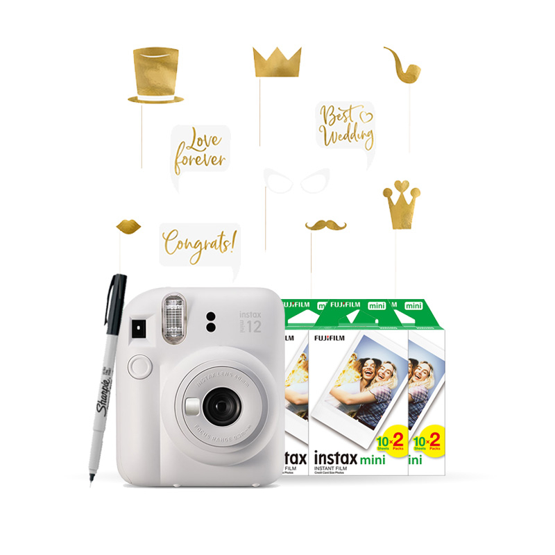 INSTAX MINI 12 Esküvői Csomag - CLAY WHITE (Gép + Film + Props + Filc)