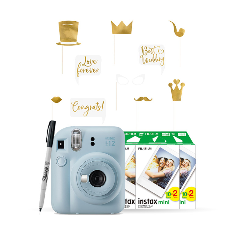 INSTAX MINI 12 Esküvői Csomag - Pastel Blue (Gép + Film + Props + Filc)