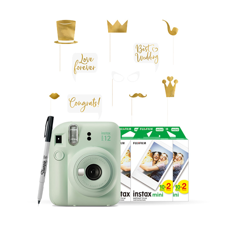 INSTAX MINI 12 Esküvői Csomag - Mint Green (Gép + Film + Props + Filc)
